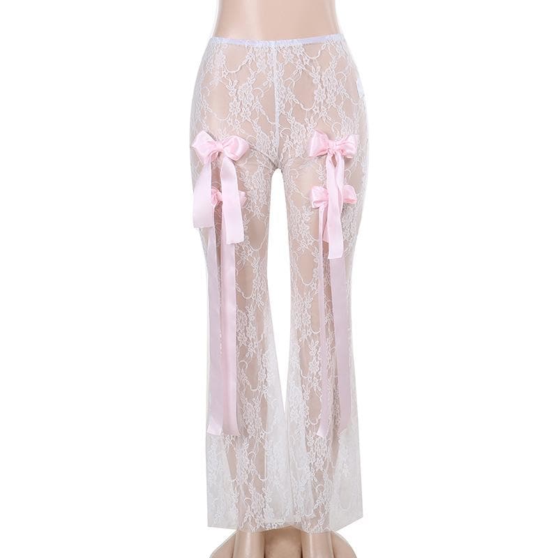 Bowknot ribbon lace see through pant