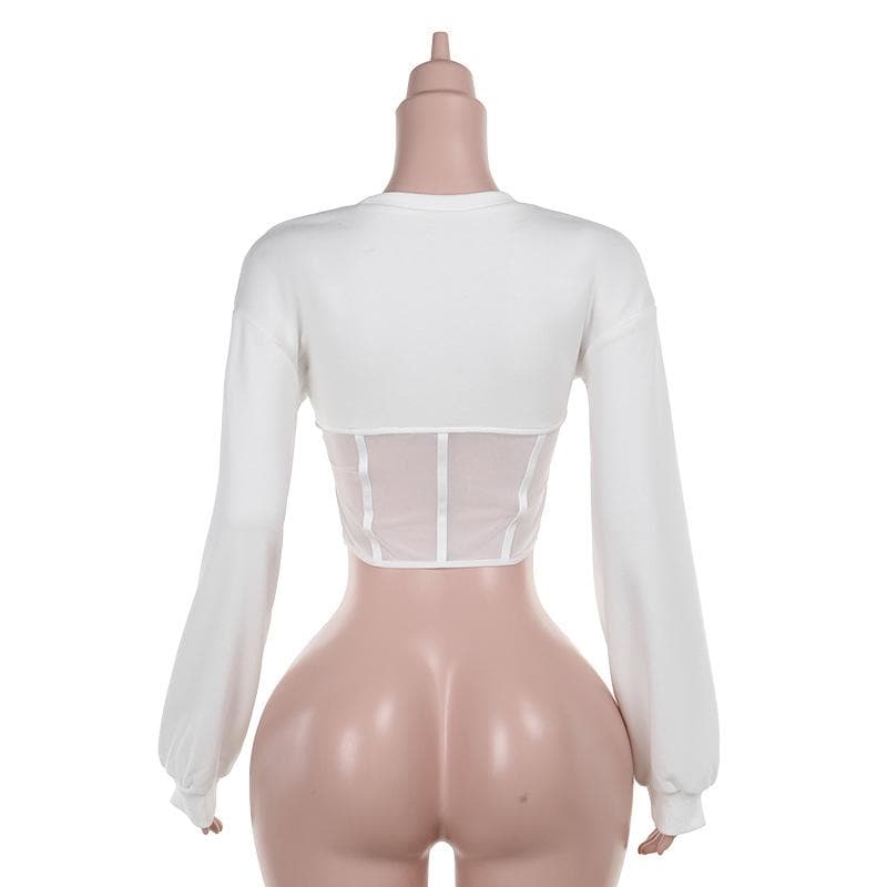 Long sleeve crewneck corset patchwork crop top