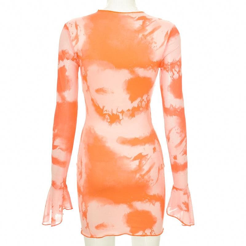 Flared sleeve tie dye self tie contrast v neck mini dress