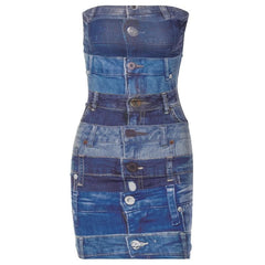 Denim print contrast backless tube mini dress