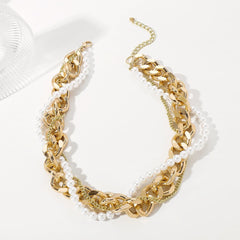 Faux pearl layered metal chain necklace