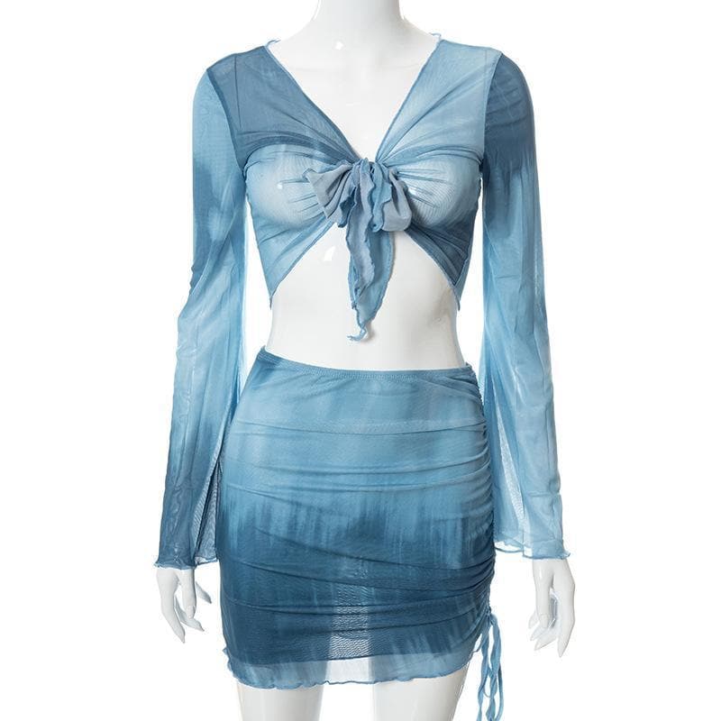 Flared sleeve mesh see through skirt set