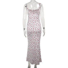 Bowknot ribbon stitch flower print polka dot cami maxi dress