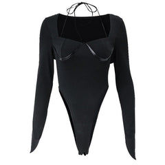 Halter PU leather long sleeve solid square neck bodysuit