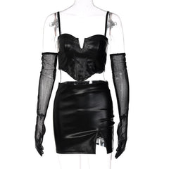 Mesh solid notch neck gloves PU leather slit cami backless mini skirt set