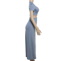 Crewneck short sleeve hollow out ruched maxi skirt set