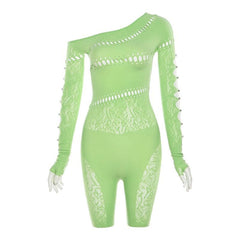 Beaded hollow out long sleeve gloves fishnet off shoulder romper