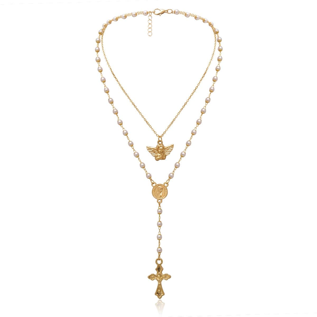 Angel cross pendant pearl layered necklace