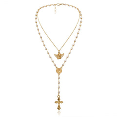 Angel cross pendant pearl layered necklace