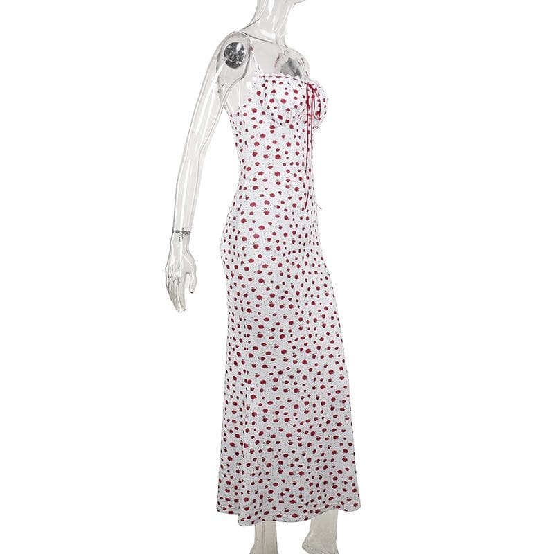 Bowknot ribbon stitch flower print polka dot cami maxi dress