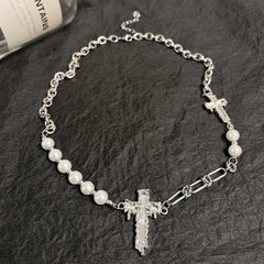 Faux pearl beaded cross decor necklace