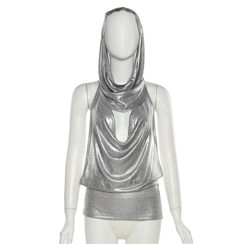 Metallic metal chain cowl neck ruched hoodie backless top