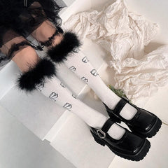 Feather lace bowknot pattern knee high socks