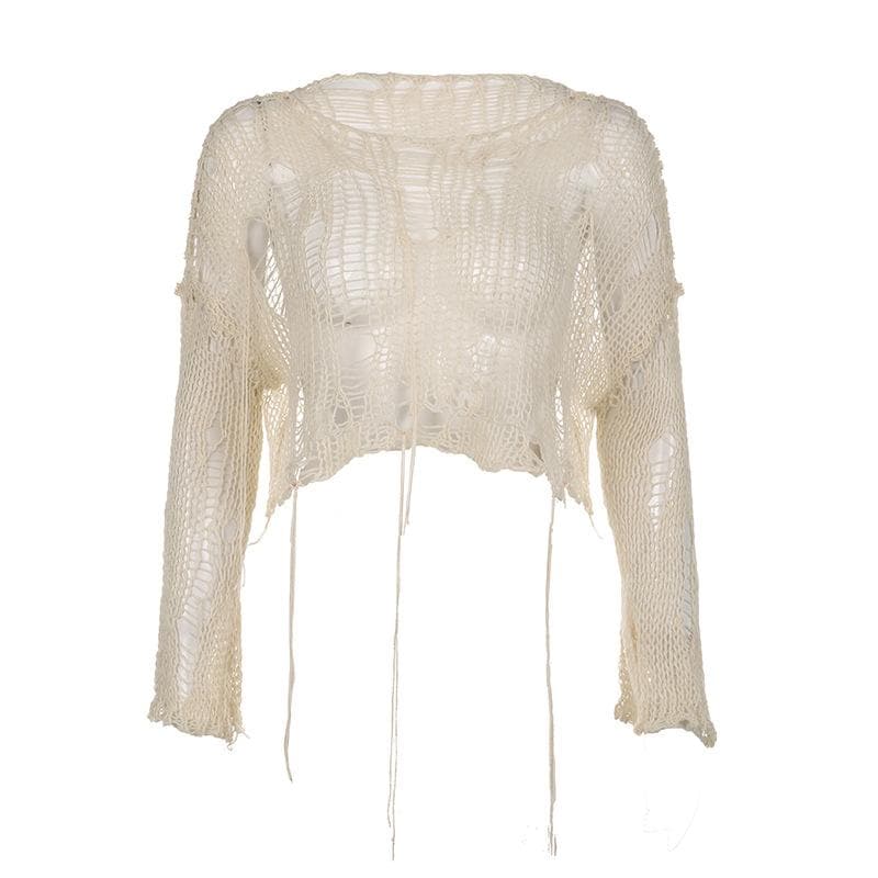 Crochet long sleeve solid hollow out round neck crop cut out top