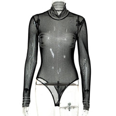 Beaded high neck long sleeve sheer mesh see through bodysuit