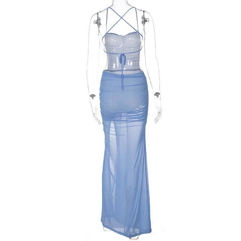 Backless mesh cross back ruched slit self tie solid maxi dress