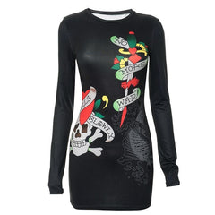 Abstract contrast long sleeve crewneck mini dress