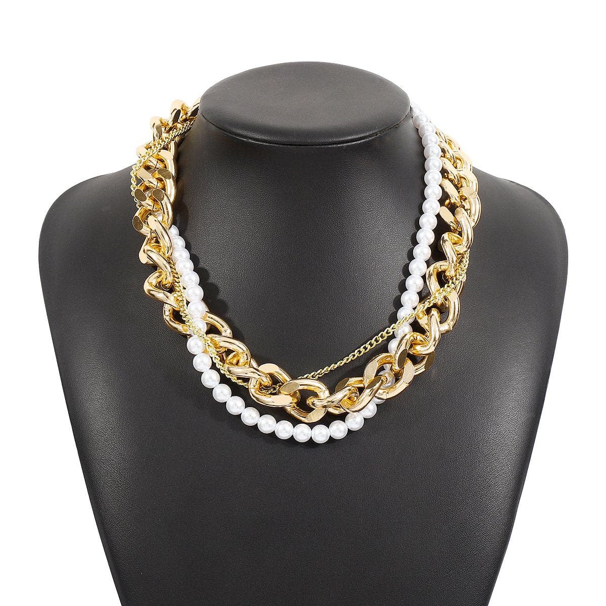 Faux pearl layered metal chain necklace