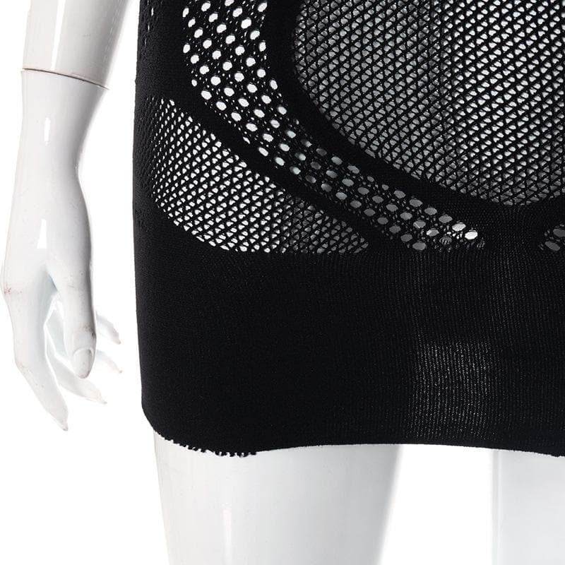 Fishnet sleeveless hollow out high neck see through cut out mini dress