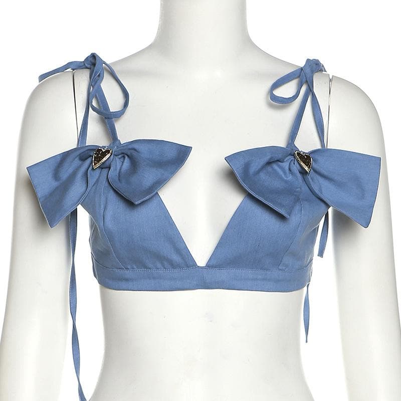 Bowknot v neck denim knotted button cami top