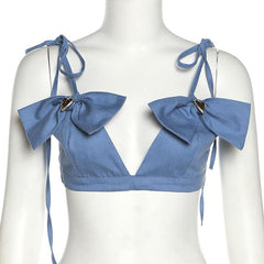 Bowknot v neck denim knotted button cami top