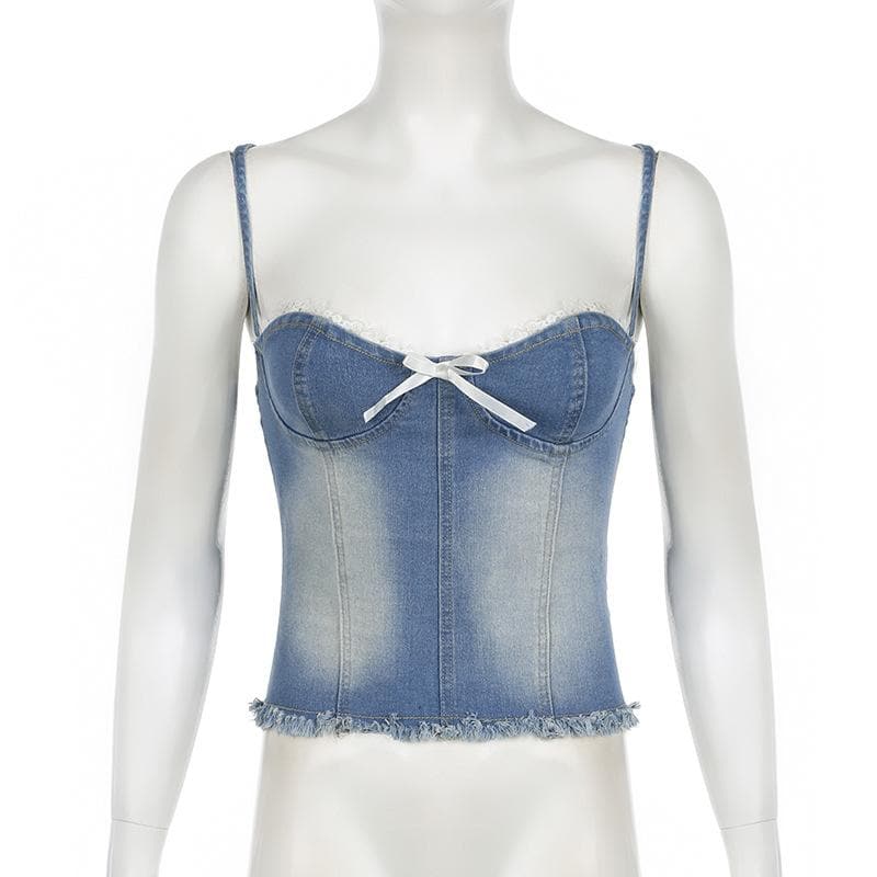 Denim bowknot zip-up raw hem lace hem cami top