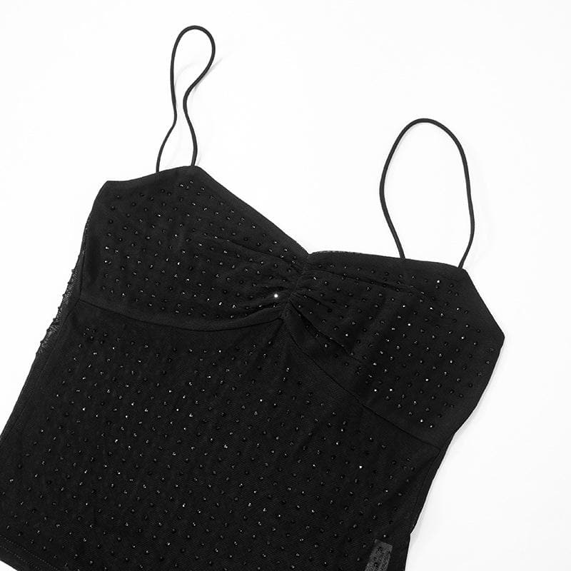 Beaded mesh patchwork backless cami top