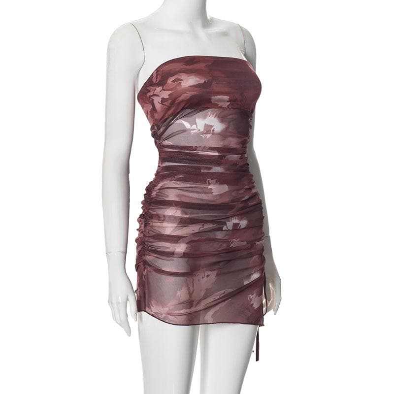 Drawstring tie dye mesh ruched tube mini dress