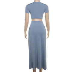 Crewneck short sleeve hollow out ruched maxi skirt set