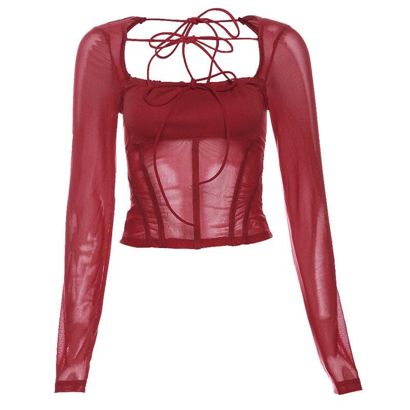 Mesh solid long sleeve square neck self tie corset backless top