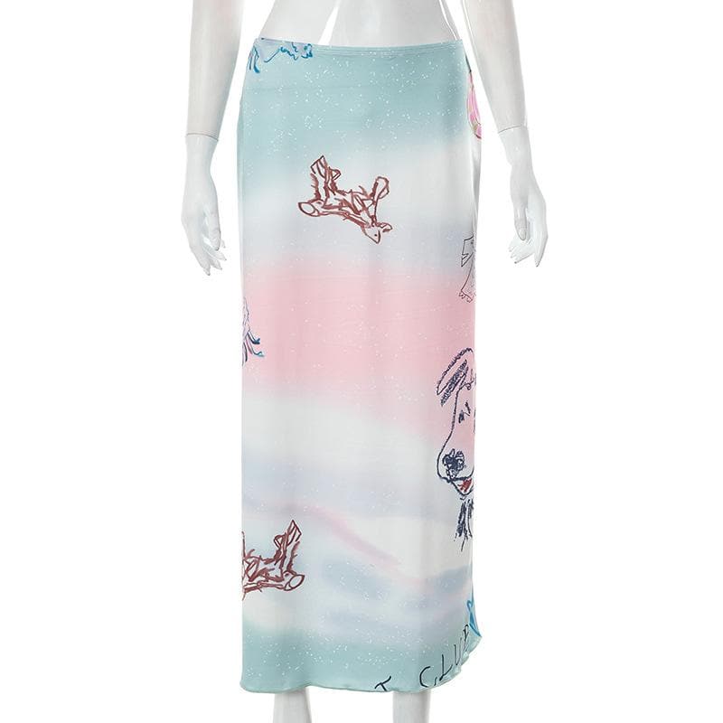 Dog pattern low rise tie dye contrast maxi skirt