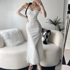 Backless glitter sweetheart neck zip-up long sleeve tube maxi dress - Final Sale