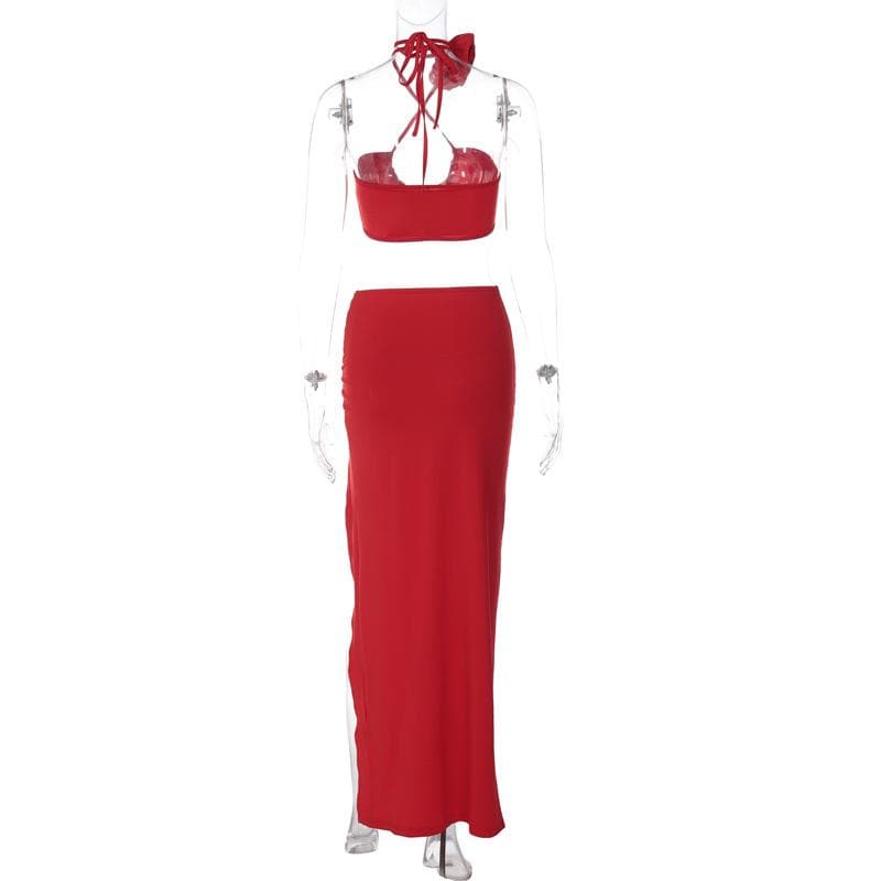 Cross front halter flower applique slit knotted maxi skirt set