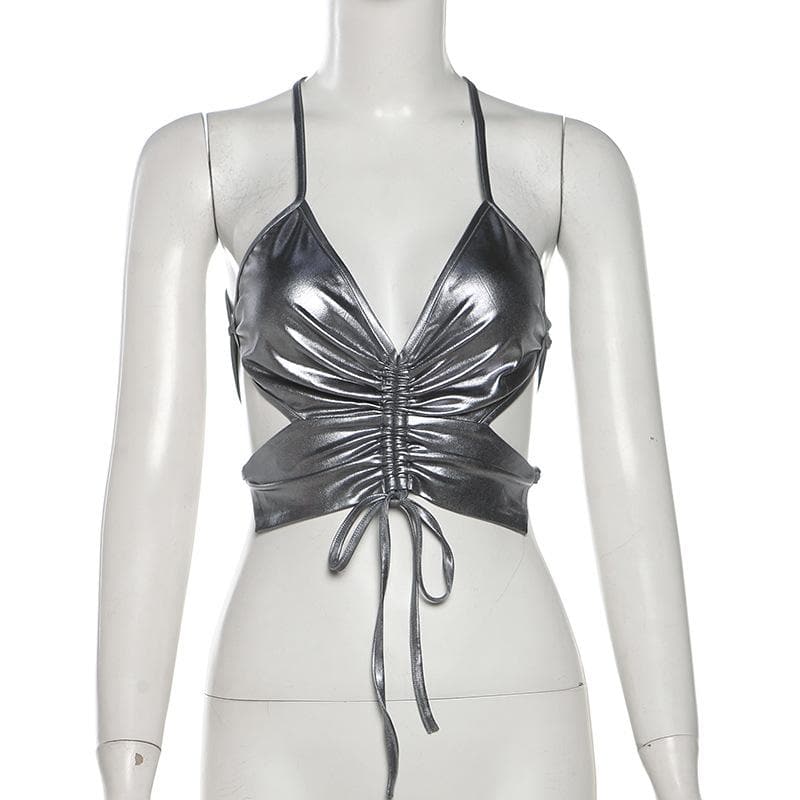 Drawstring ruched v neck metallic cami top