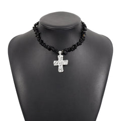 Cross pendant beaded metal chain necklace