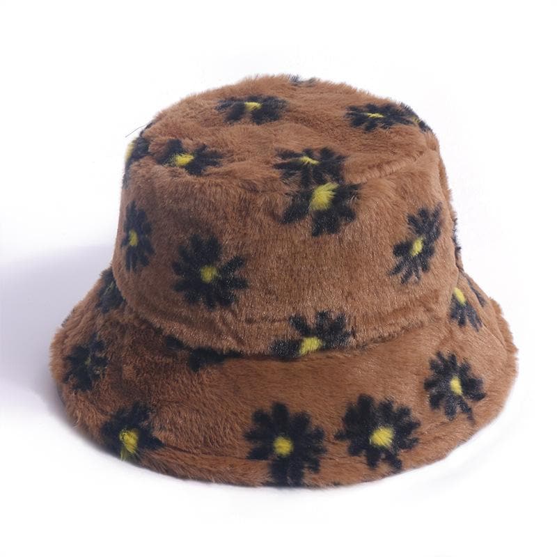 Flower pattern contrast fluffy fisherman bucket hat