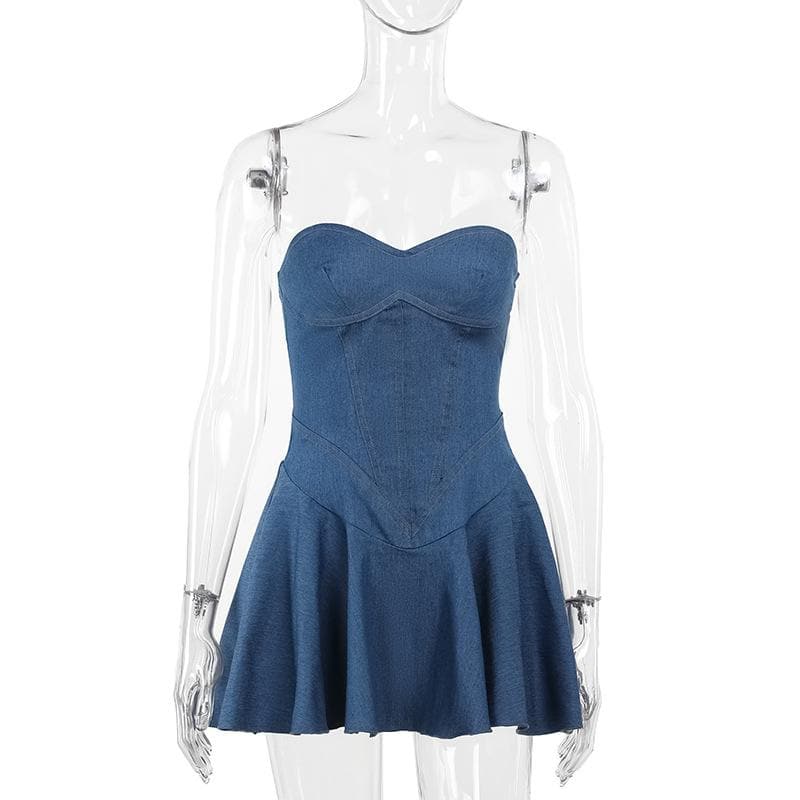 Denim sweetheart neck stitch ruched tube mini dress