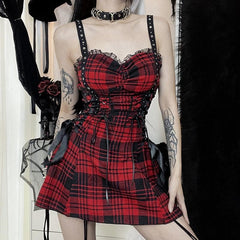 Backless ruched lace hem plaid lace up zip-up mini dress | victorian gothic dresses