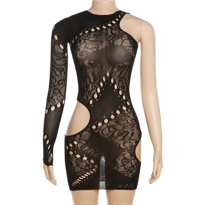 Fishnet irregular long sleeve hollow out see through cut out mini dress