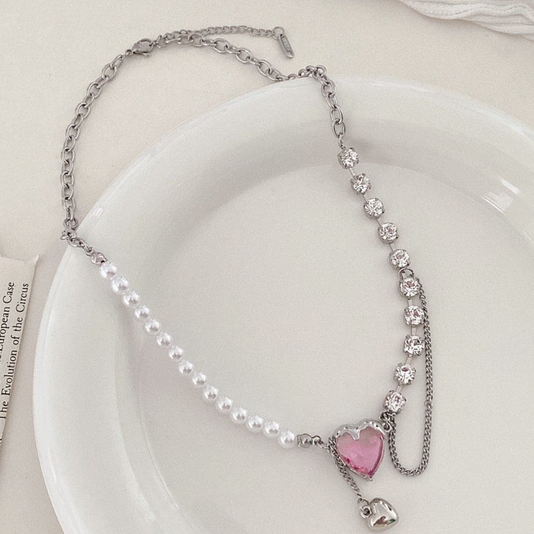 Faux pearl heart pendant rhinestone layered necklace