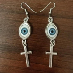 Blue eyes decor cross pendant drop earrings