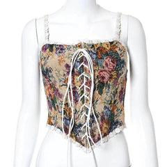 Floral embroidery lace up front bustier cami top