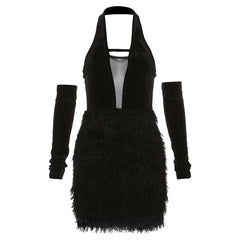 Fluffy mesh patchwork halter gloves solid backless mini dress- Final Sale