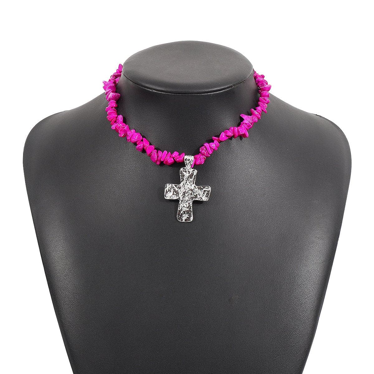 Cross pendant beaded metal chain necklace