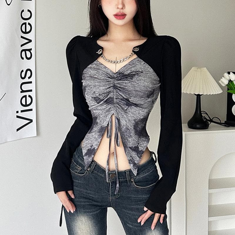 Drawstring tie dye contrast patchwork long sleeve metal chain crop top