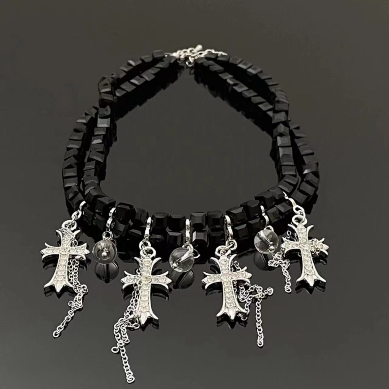 Black beaded cross pendant choker necklace