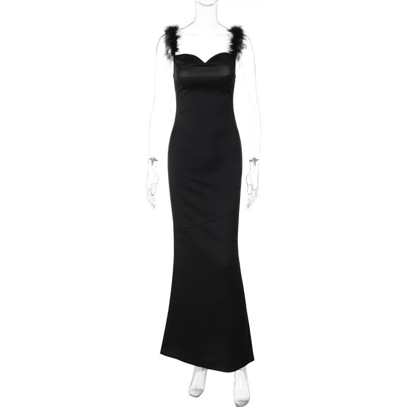 Feather cowl neck ruched solid backless maxi dress