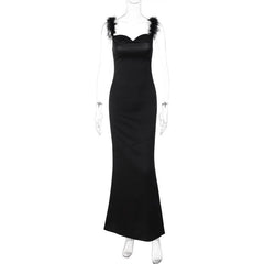 Feather cowl neck ruched solid backless maxi dress