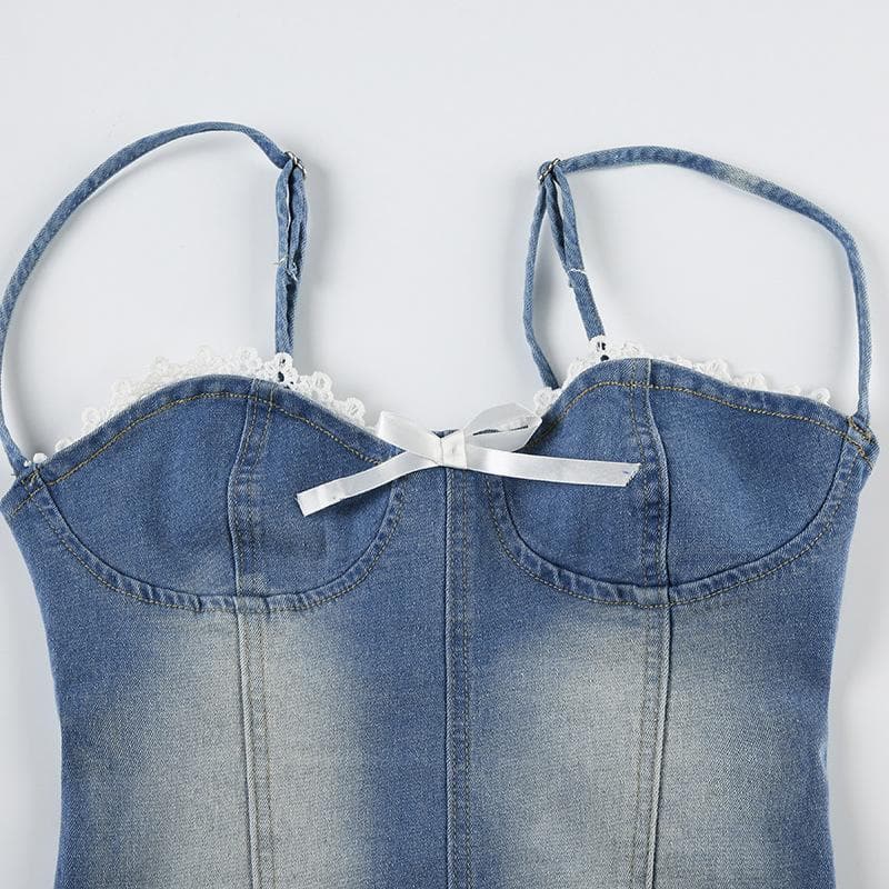 Denim bowknot zip-up raw hem lace hem cami top