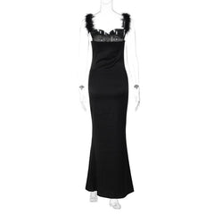 Feather cowl neck ruched solid backless maxi dress